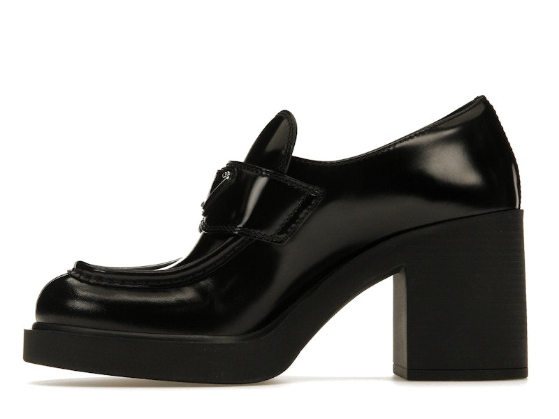 Prada Chocolate High-Heeled 85mm Loafers Black Brushed Leather