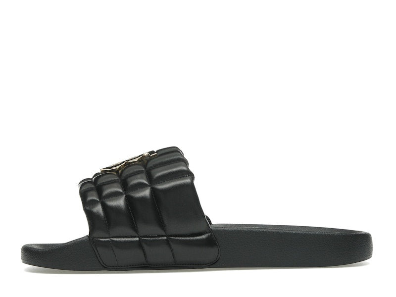 Burberry Monogram Motif Quilted Lambskin Slides Black Gold-tone