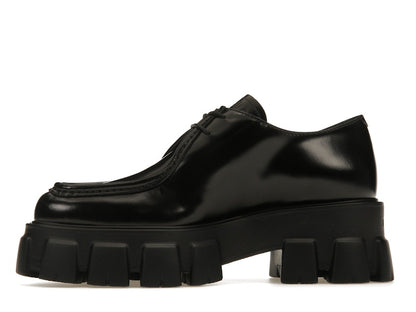 Prada Monolith 55mm Pointy Lace Up Loafer Black Brushed Leather