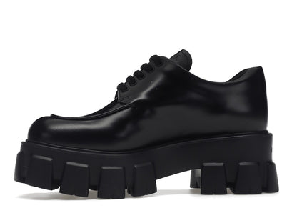Prada Monolith 55mm Lace Up Loafer Black Brushed Leather