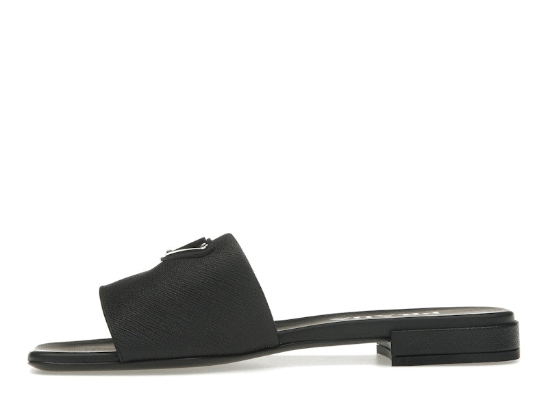 Prada Logo Slide Sandals Black Saffiano Leather