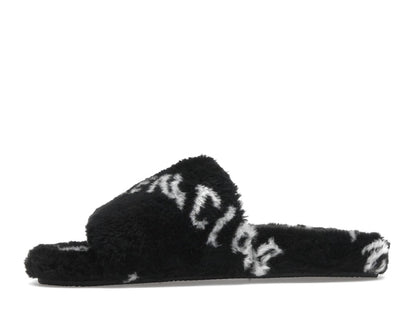 Balenciaga Furry Slide Fake Fur Logo Allover Black White