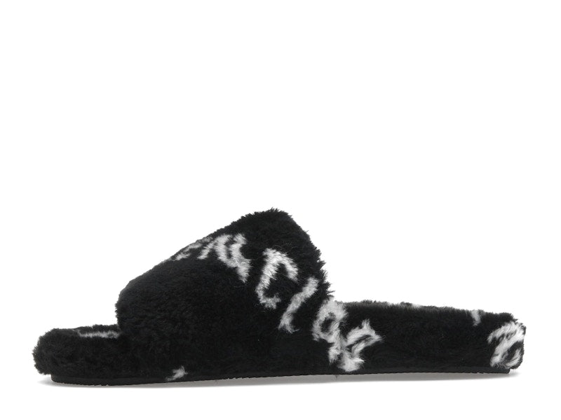 Balenciaga Furry Slide Fake Fur Logo Allover Black White