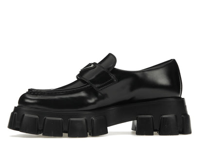 Prada Monolith 55mm Pointy Loafer Black Brushed Leather