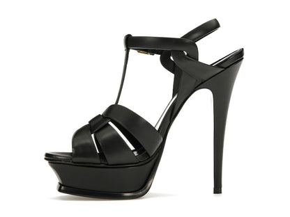Saint Laurent Tribute Platform Sandal Heels Black Leather