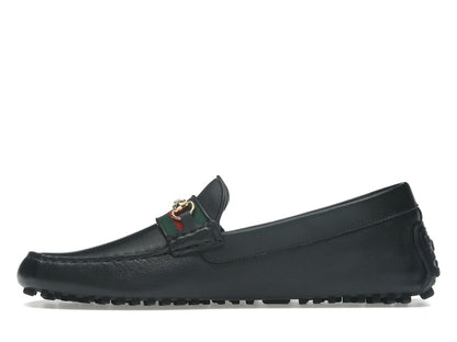 Gucci Ayrton Webbing-Trimmed Horsebit Leather Driver Loafers Black