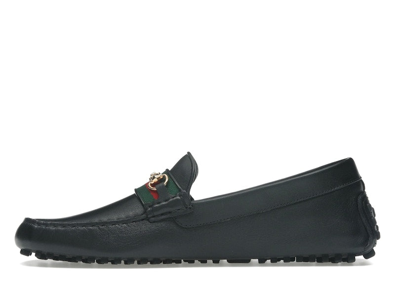 Gucci Ayrton Webbing-Trimmed Horsebit Leather Driver Loafers Black