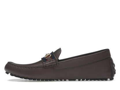 Gucci Ayrton Webbing-Trimmed Horsebit Leather Driver Loafers Brown
