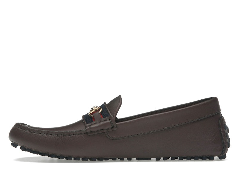 Gucci Ayrton Webbing-Trimmed Horsebit Leather Driver Loafers Brown