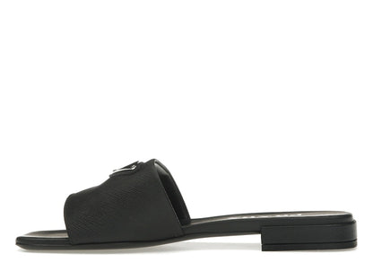 Prada Logo Slide Sandals Black Saffiano Leather