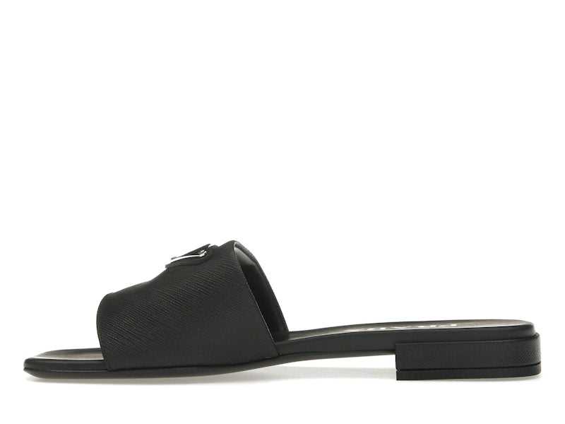 Prada Logo Slide Sandals Black Saffiano Leather