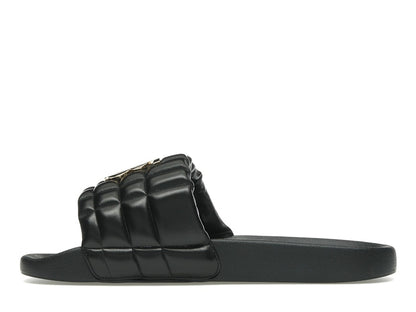 Burberry Monogram Motif Quilted Lambskin Slides Black Gold-tone