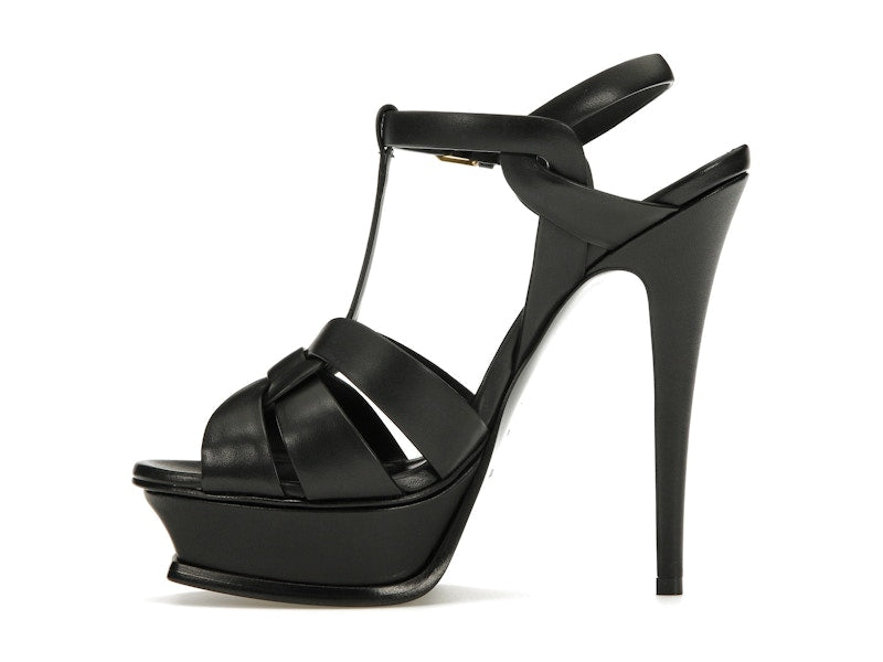 Saint Laurent Tribute Platform Sandal Heels Black Leather