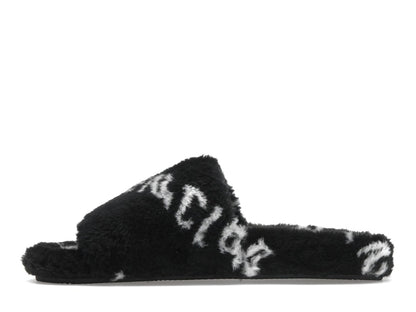 Balenciaga Furry Slide Fake Fur Logo Allover Black White