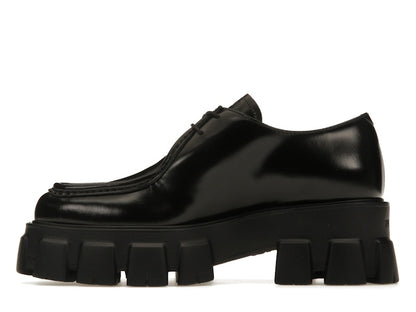 Prada Monolith 55mm Pointy Lace Up Loafer Black Brushed Leather