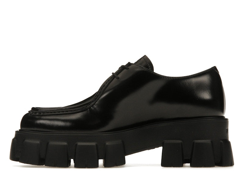 Prada Monolith 55mm Pointy Lace Up Loafer Black Brushed Leather