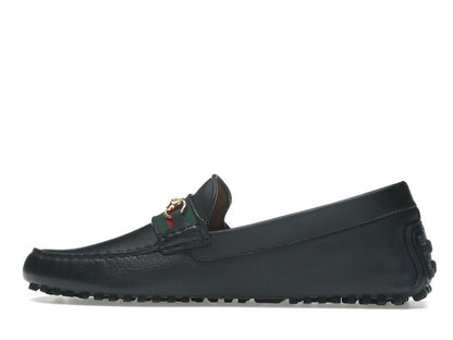 Gucci Ayrton Webbing-Trimmed Horsebit Leather Driver Loafers Black