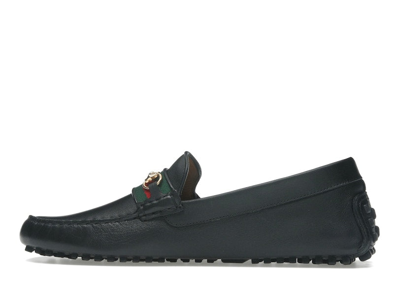 Gucci Ayrton Webbing-Trimmed Horsebit Leather Driver Loafers Black