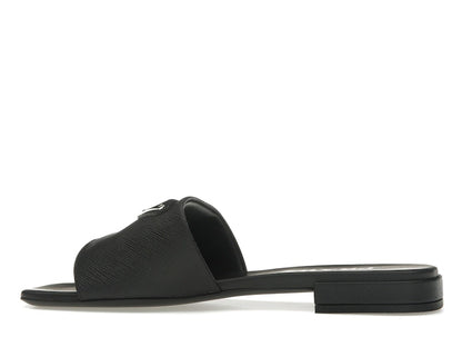 Prada Logo Slide Sandals Black Saffiano Leather