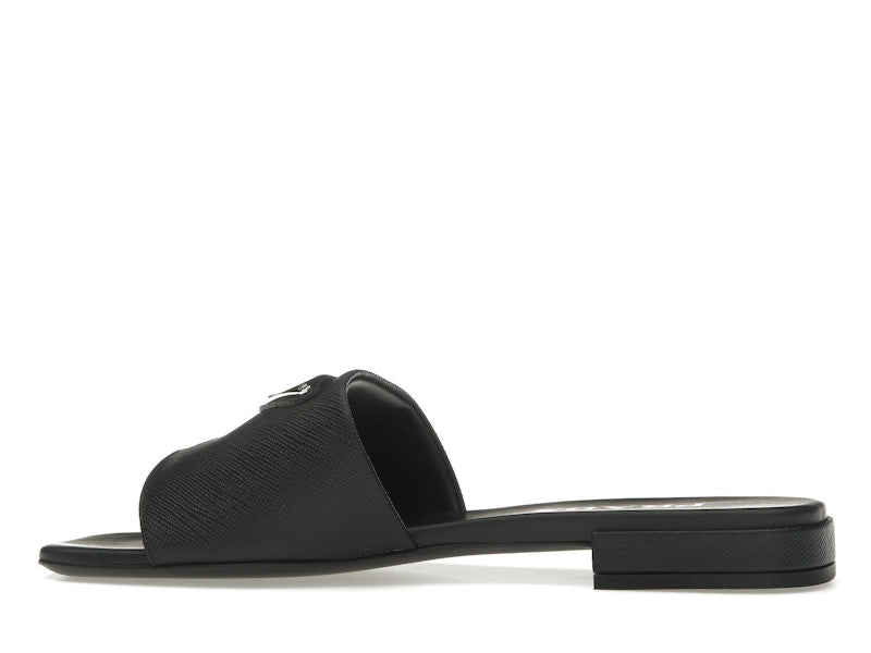 Prada Logo Slide Sandals Black Saffiano Leather