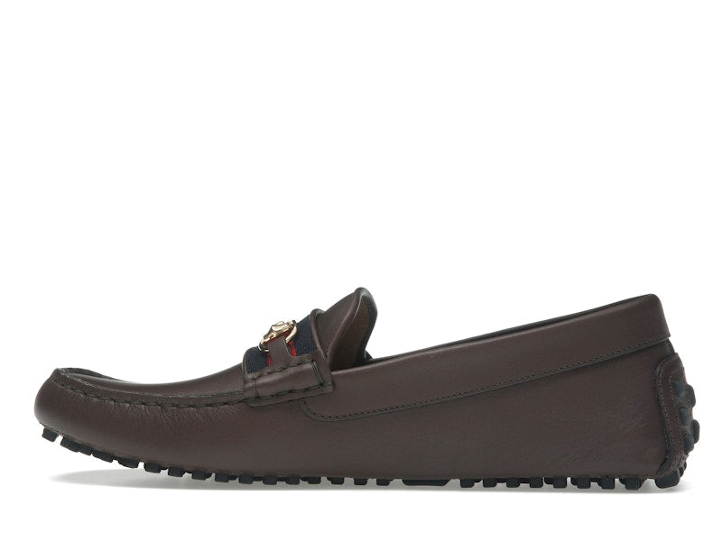 Gucci Ayrton Webbing-Trimmed Horsebit Leather Driver Loafers Brown
