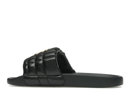 Burberry Monogram Motif Quilted Lambskin Slides Black Gold-tone
