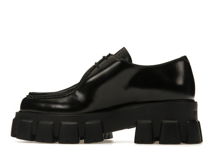 Prada Monolith 55mm Pointy Lace Up Loafer Black Brushed Leather