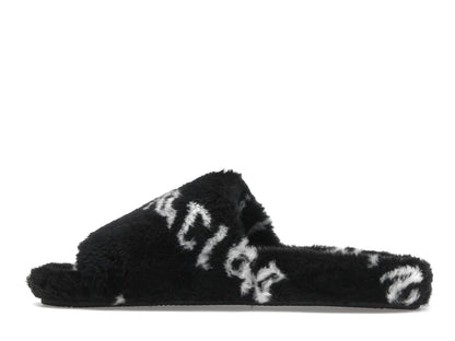 Balenciaga Furry Slide Fake Fur Logo Allover Black White