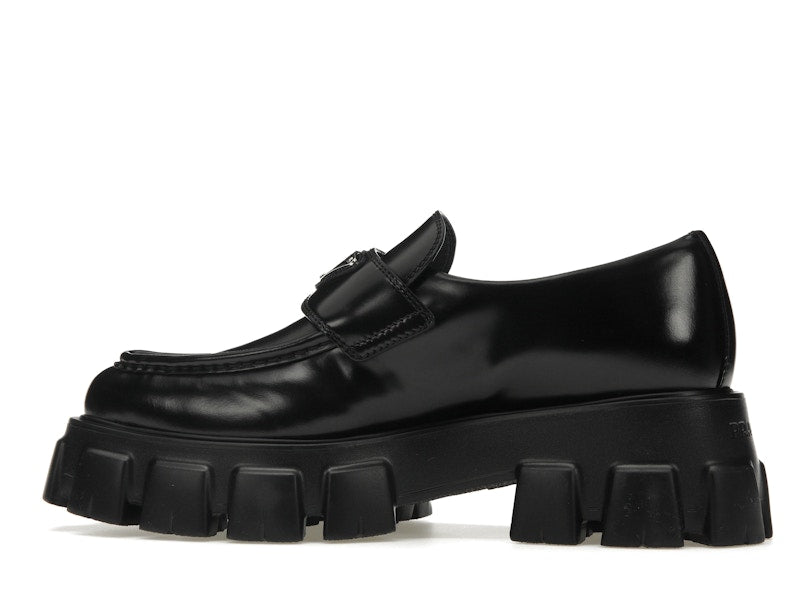 Prada Monolith 55mm Pointy Loafer Black Brushed Leather