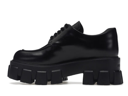 Prada Monolith 55mm Lace Up Loafer Black Brushed Leather