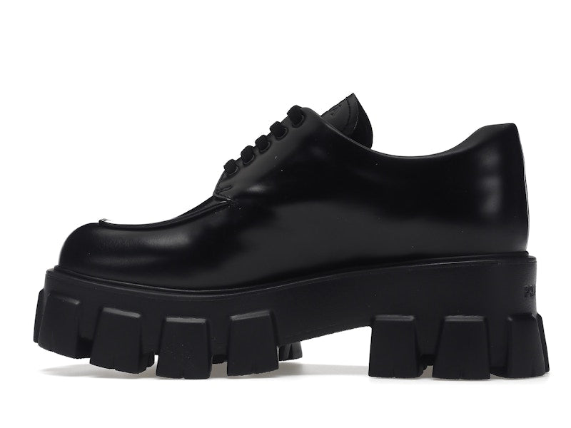 Prada Monolith 55mm Lace Up Loafer Black Brushed Leather
