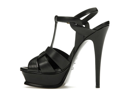 Saint Laurent Tribute Platform Sandal Heels Black Leather