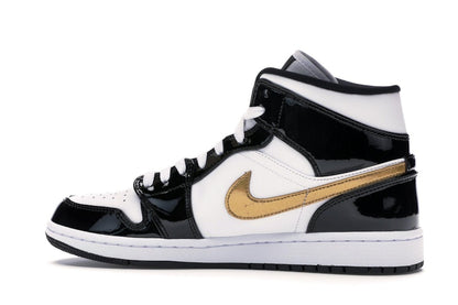 Jordan 1 Mid Patent Black White Gold