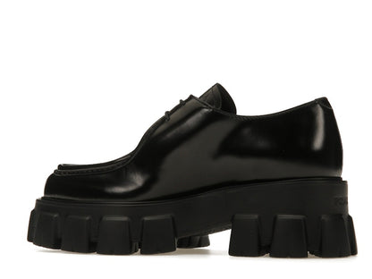 Prada Monolith 55mm Pointy Lace Up Loafer Black Brushed Leather