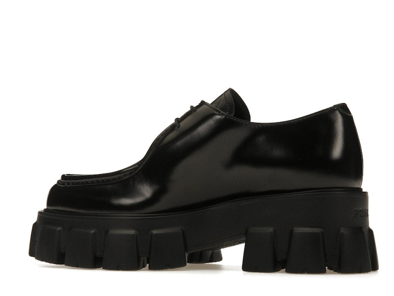 Prada Monolith 55mm Pointy Lace Up Loafer Black Brushed Leather