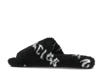 Balenciaga Furry Slide Fake Fur Logo Allover Black White