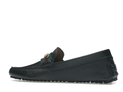 Gucci Ayrton Webbing-Trimmed Horsebit Leather Driver Loafers Black