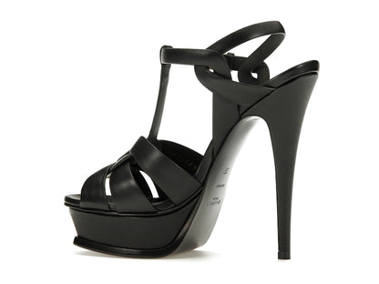 Saint Laurent Tribute Platform Sandal Heels Black Leather