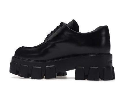 Prada Monolith 55mm Lace Up Loafer Black Brushed Leather