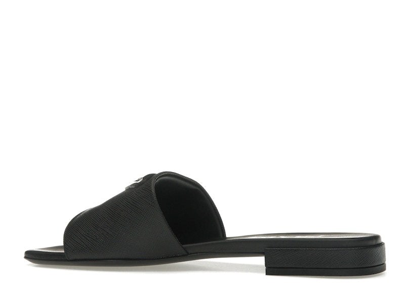 Prada Logo Slide Sandals Black Saffiano Leather