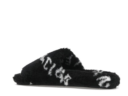 Balenciaga Furry Slide Fake Fur Logo Allover Black White