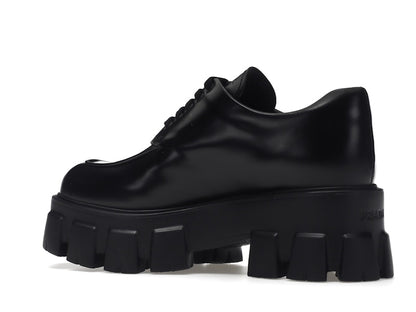 Prada Monolith 55mm Lace Up Loafer Black Brushed Leather
