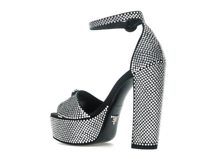 Prada 135mm Crystal Platform Sandals Black Satin