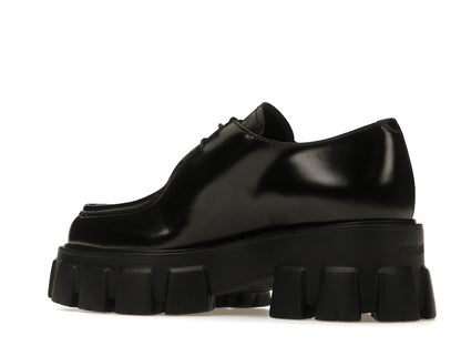 Prada Monolith 55mm Pointy Lace Up Loafer Black Brushed Leather
