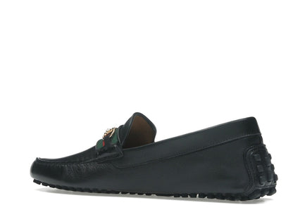Gucci Ayrton Webbing-Trimmed Horsebit Leather Driver Loafers Black