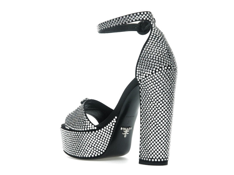Prada 135mm Crystal Platform Sandals Black Satin