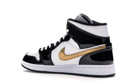 Jordan 1 Mid Patent Black White Gold