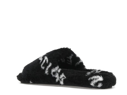 Balenciaga Furry Slide Fake Fur Logo Allover Black White