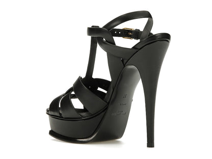 Saint Laurent Tribute Platform Sandal Heels Black Leather