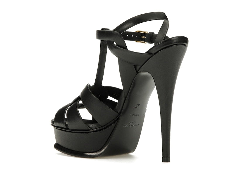 Saint Laurent Tribute Platform Sandal Heels Black Leather